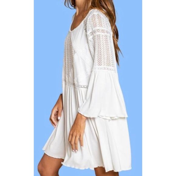 POL Boho Bohemian Oatmeal Long Sleeve Crochet Detail Babydoll Dress Small New - Picture 2 of 8